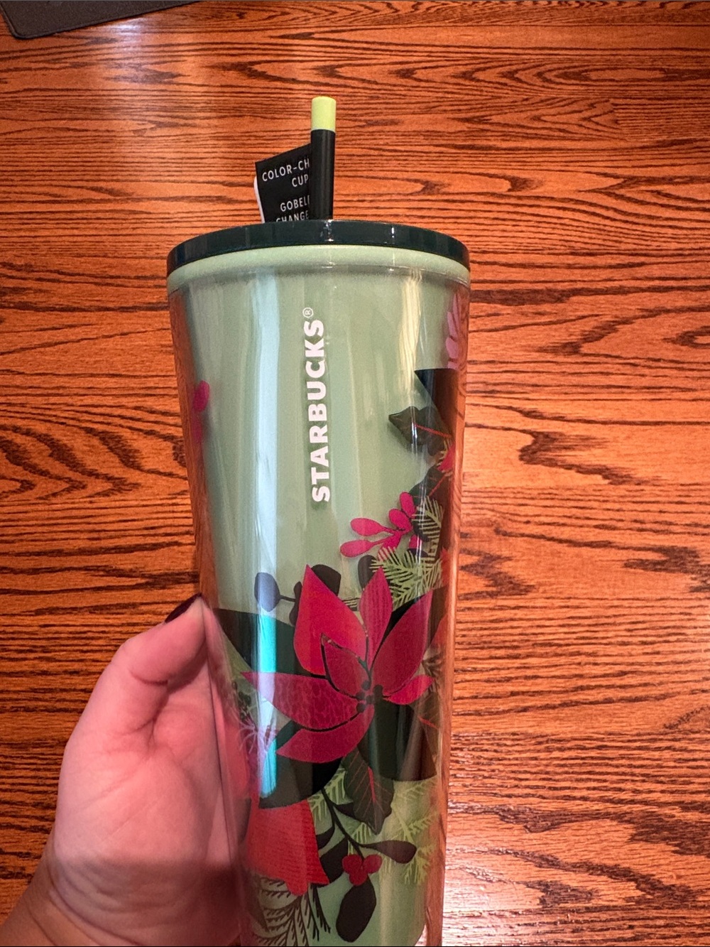 Starbucks Olive Green Tumbler with Red Floral Accents